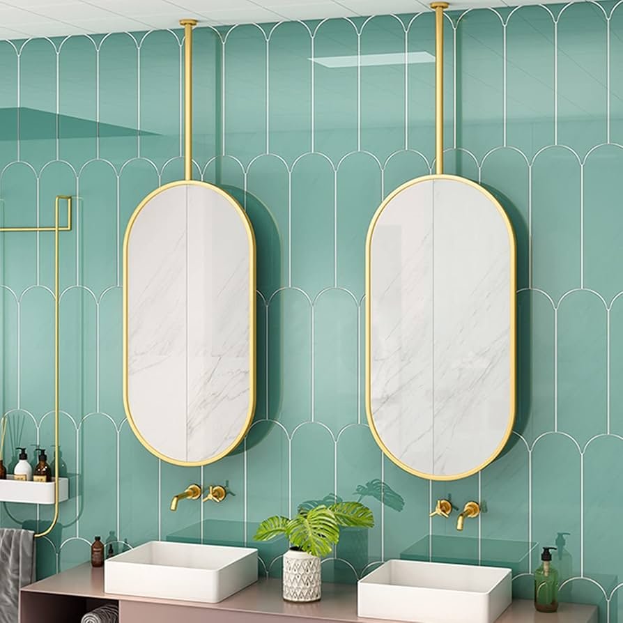 Metal Ceiling Mounted Mirror, Mirror with Ceiling Hanging Rod, Bathroom  Modern Large Floating Mirror HD Decorative Mirror for Home - Gold :  Amazon.nl: Home & Kitchen