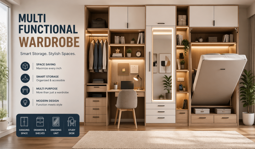 Explore multi functional wardrobe ideasbring stylish, tech-enabled convenience to small and large bedrooms in 2026.