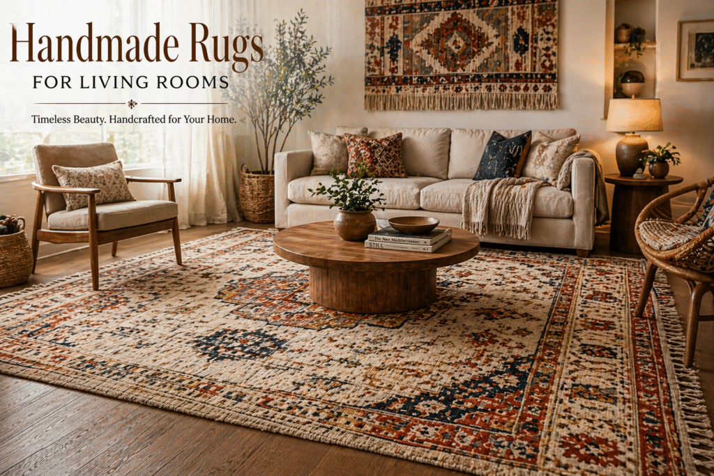 Beautiful Handmade Rugs for Living Room by PearlnPush – elegant woven design for cozy home interior.